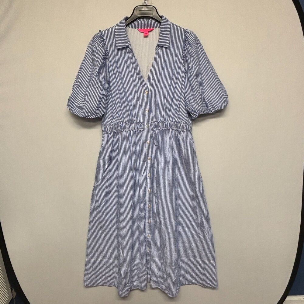 Lilly Pulitzer Tassie Puff Sleeve Midi Shirt Dress Size 12 Blue Stripes C134 -25